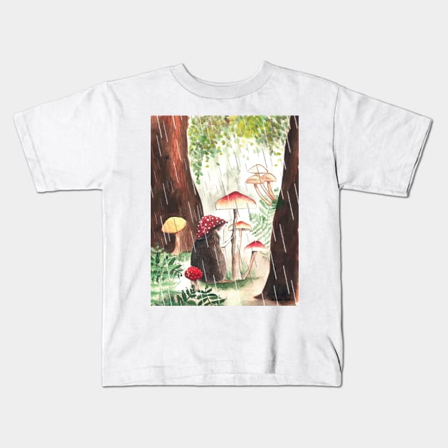 Hedgehog With Toadstool Hat On A Rainy Day Kids T-Shirt by LittleForest